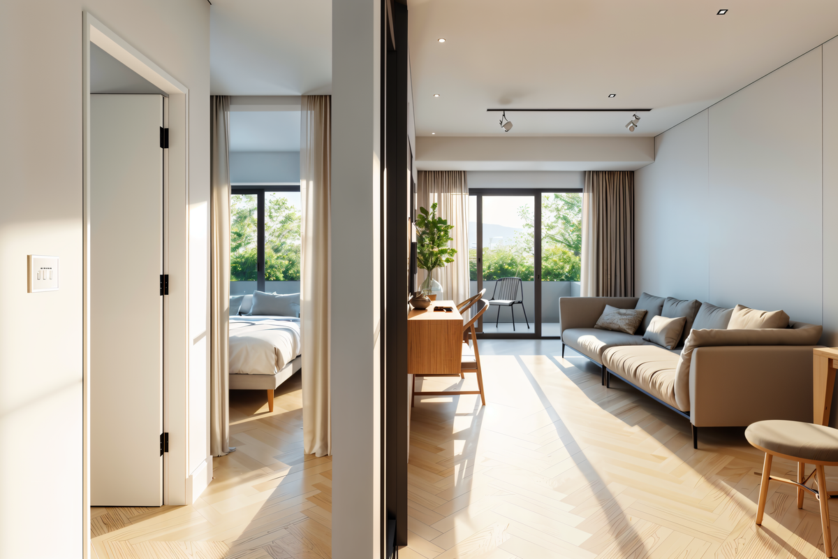 Modern living area featuring herringbone timber flooring, recessed lighting, and seamless access to a private balcony through large sliding glass doors.