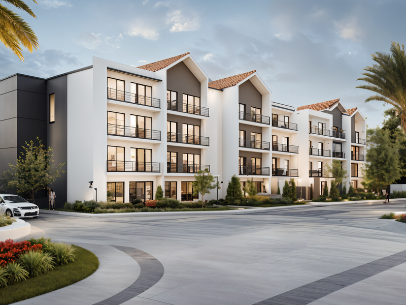 Modern multi-story apartment complex featuring contemporary architectural design, private balconies, tiled roofing, and well-maintained landscaped grounds with paved driveway access.