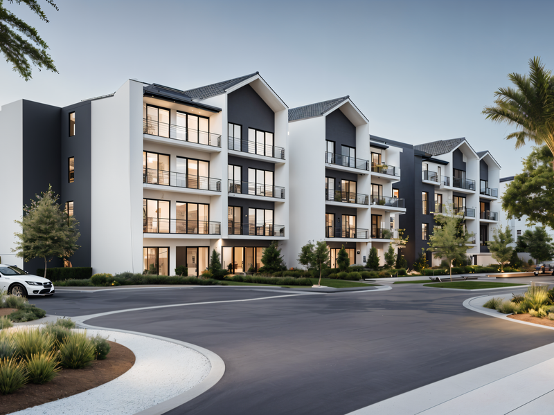 A modern multi-story apartment complex featuring contemporary architecture, private balconies, and well-maintained landscaped grounds with a paved driveway.