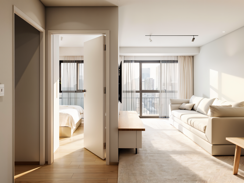 A bright, modern living room featuring hardwood flooring, track lighting, and a large sliding glass door leading to a balcony with city views.