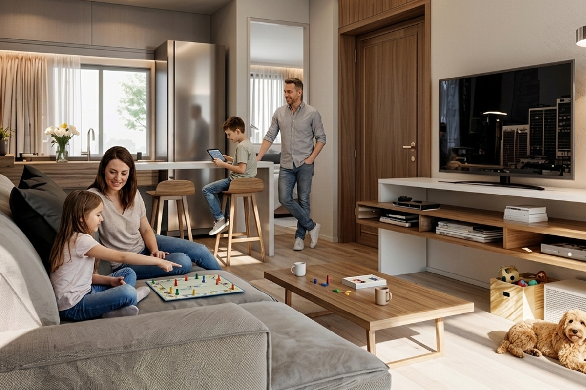Modern open-plan living area featuring a sleek kitchen with integrated cabinetry and high-quality finishes, seamlessly flowing into a comfortable lounge space.