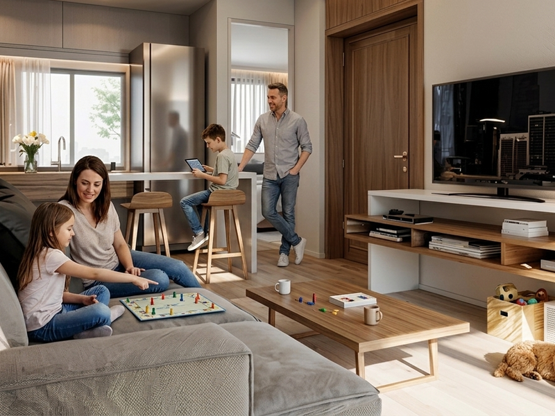 Modern open-plan living area featuring a sleek kitchen with integrated cabinetry and high-quality finishes, seamlessly flowing into a comfortable lounge space.