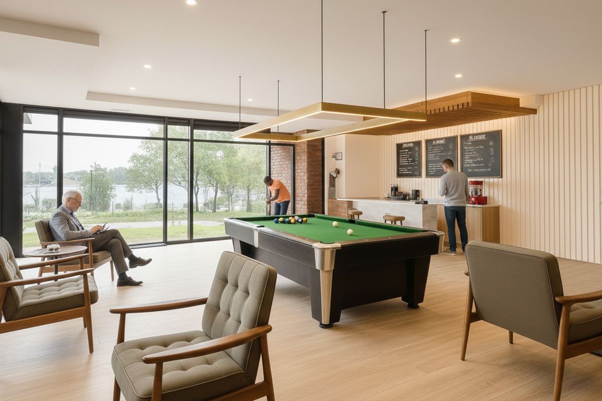 Modern clubhouse lounge featuring floor-to-ceiling windows, a built-in bar area, and contemporary finishes, providing a bright and inviting communal space.