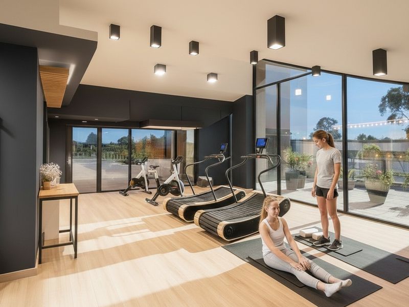 Modern, well-lit gym facility featuring large glass sliding doors providing natural light and access to an outdoor area.