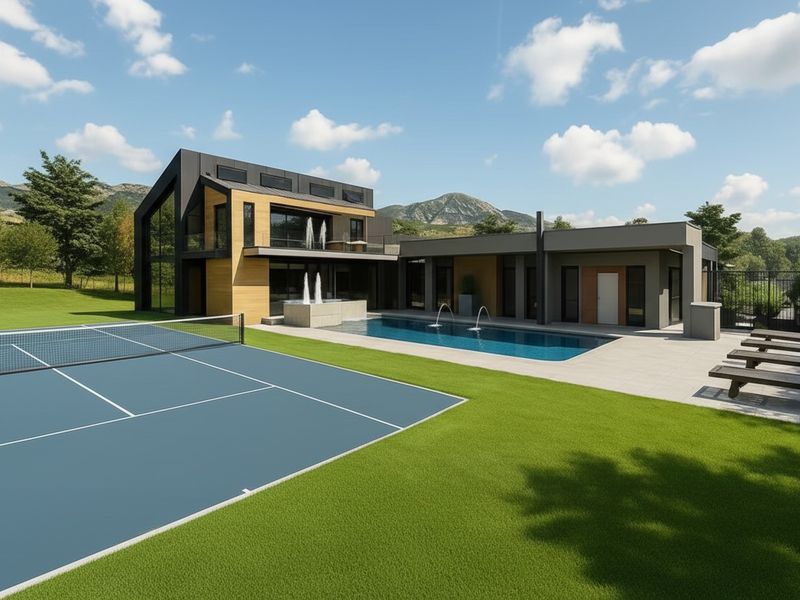 Modern luxury residence featuring a private swimming pool, water fountains, and a tennis court set within a landscaped garden with mountain views.