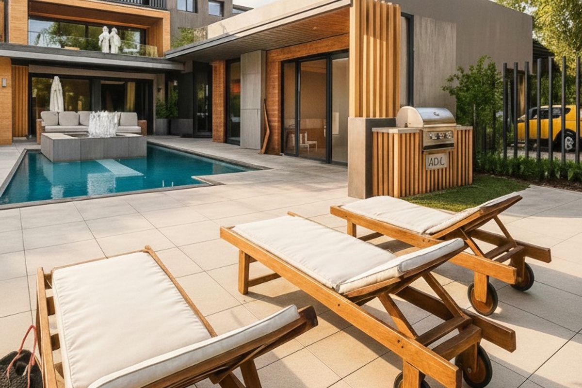 Modern outdoor pool area featuring a tiled patio, built-in barbecue station, and contemporary architectural design with timber accents.