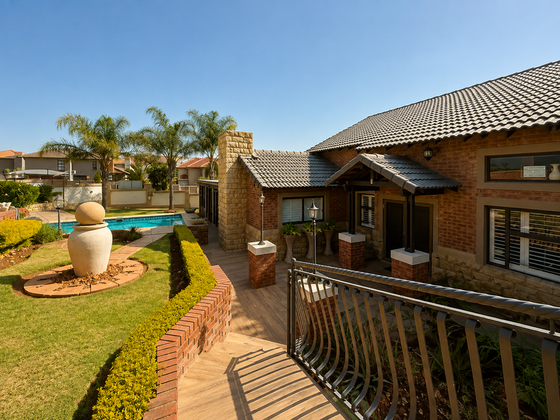 A well-maintained rear exterior featuring a brick facade, tiled roof, timber-look decking, and a landscaped garden with a swimming pool and stone water feature.