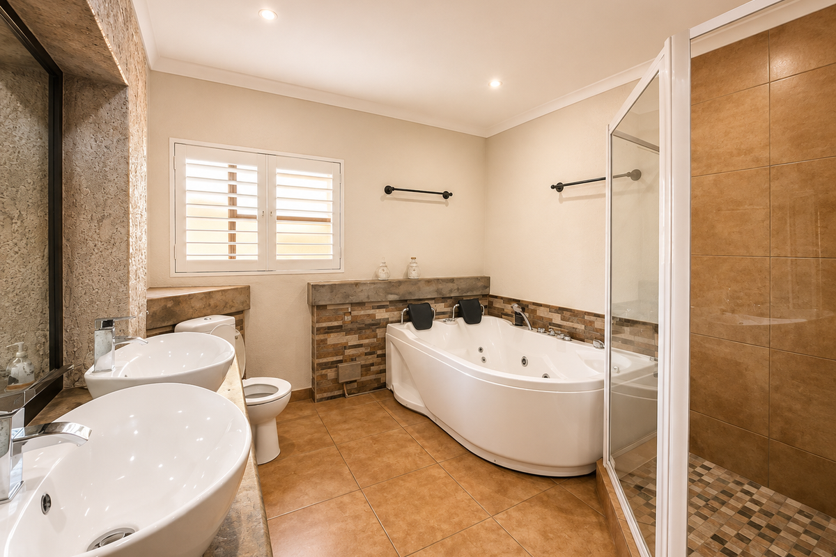 Spacious bathroom featuring a double vanity with vessel sinks, a built-in jetted bathtub, and a separate walk-in shower with tiled finishes.