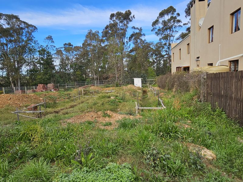 Rear view of a residential property showing an overgrown plot with active foundation trenches and perimeter fencing.
