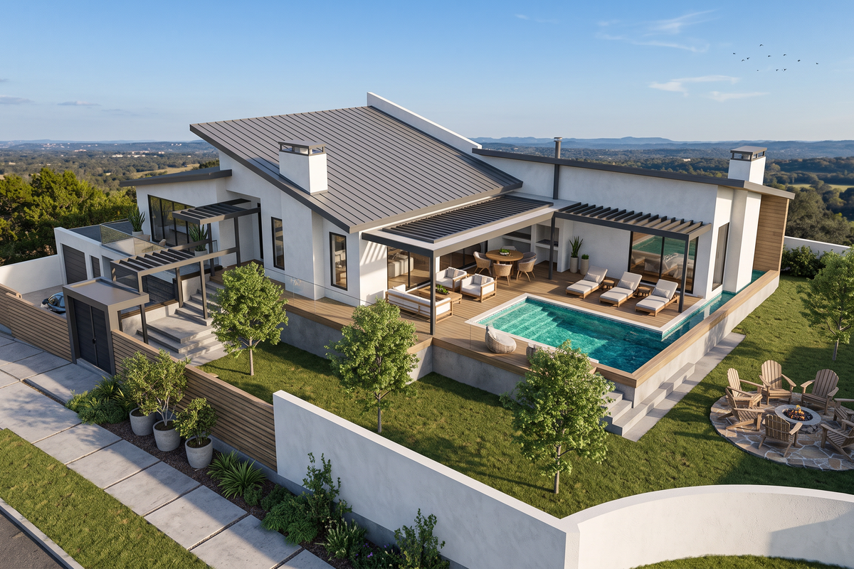 Aerial view of a modern residential property featuring a swimming pool, timber deck, pergola, and landscaped garden with a stone fire pit area.