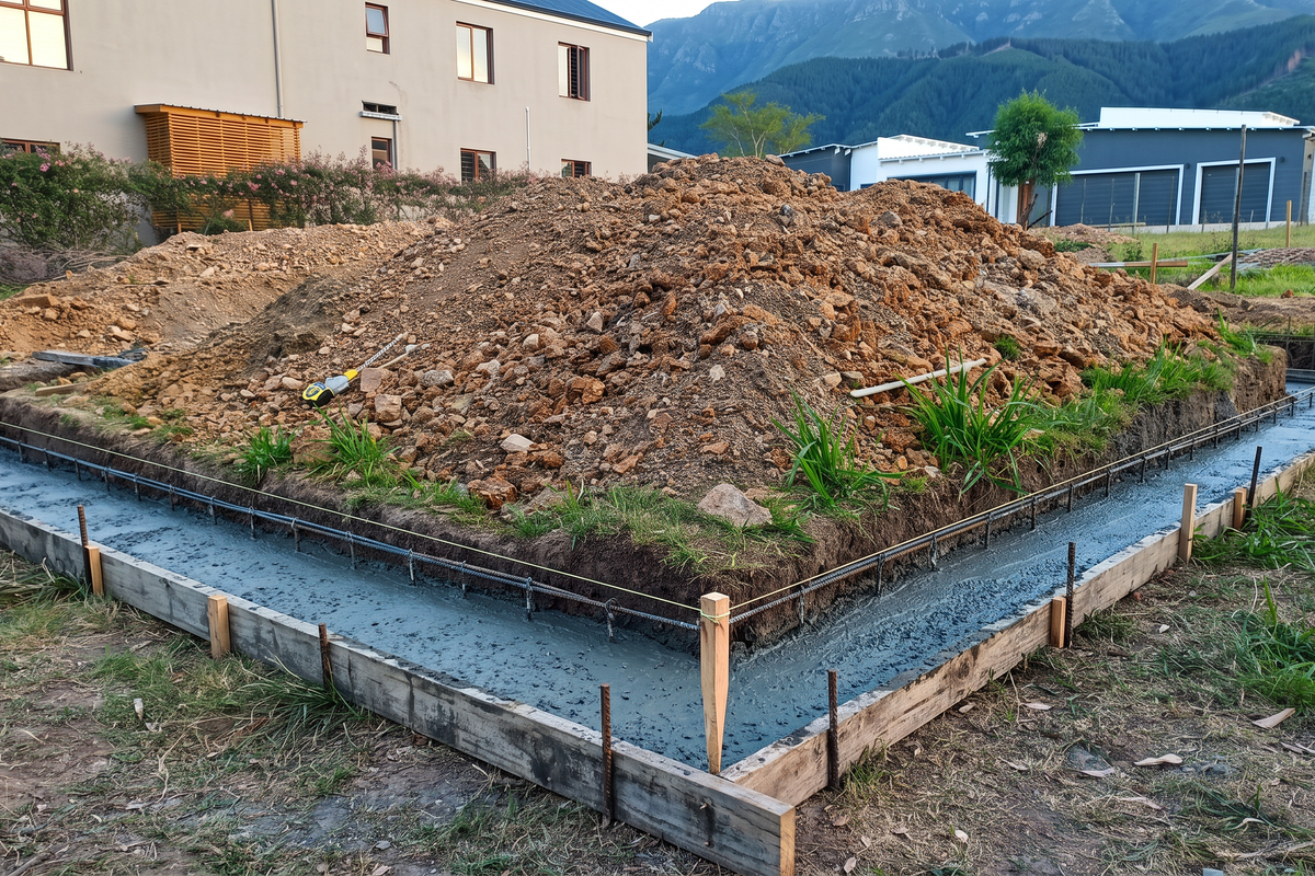 A residential construction site showing a freshly poured concrete foundation with rebar reinforcement and wooden formwork in place.