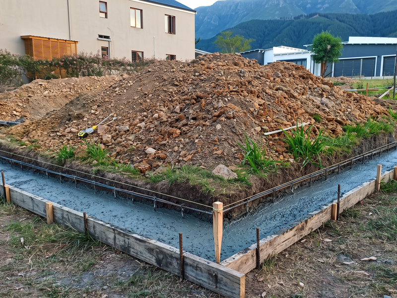 A residential construction site showing a freshly poured concrete foundation with rebar reinforcement and wooden formwork in place.