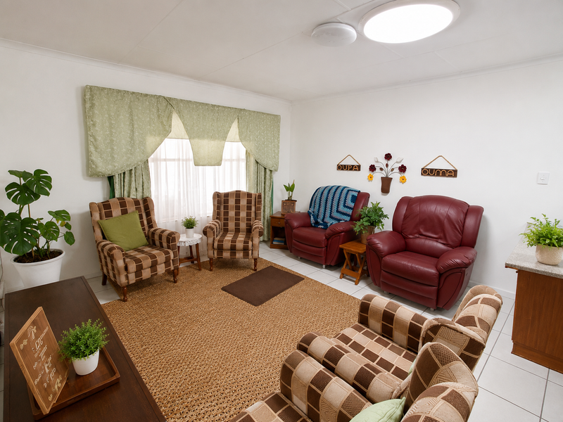A comfortable living room featuring tiled flooring and neutral walls, providing a functional and well-lit space for relaxation.