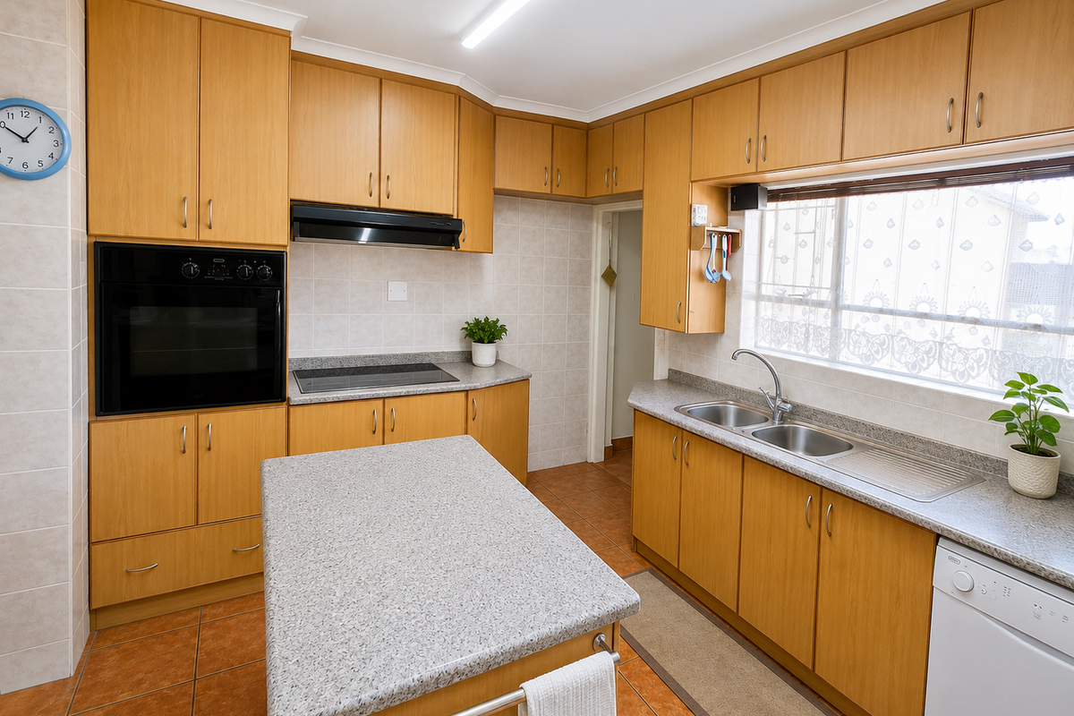 A functional kitchen featuring light wood-tone cabinetry, stone-look laminate countertops, a built-in oven, electric hob, and double sink with tiled flooring.