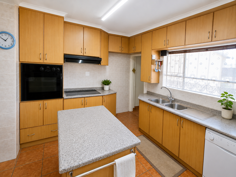 A functional kitchen featuring light wood-tone cabinetry, stone-look laminate countertops, a built-in oven, electric hob, and double sink with tiled flooring.