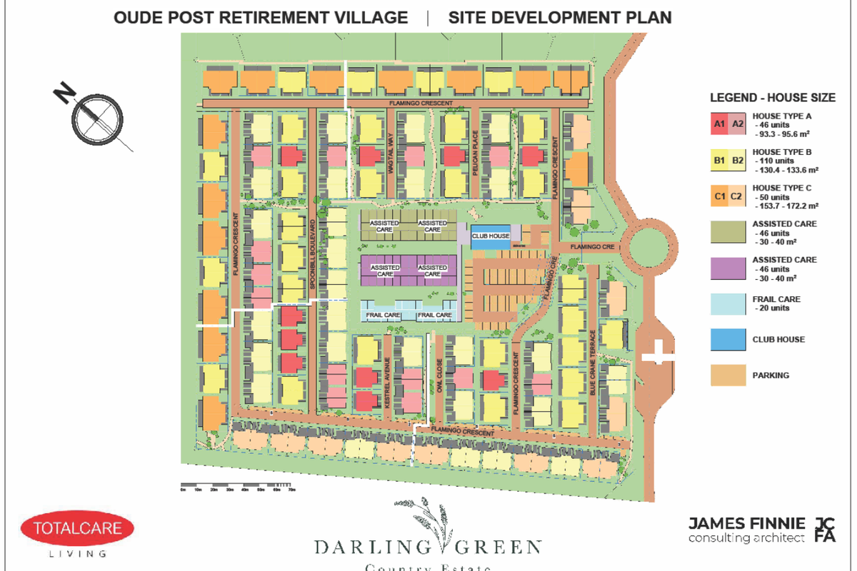 Site development plan for Oude Post Retirement Village, illustrating the layout of various house types, assisted care facilities, and the clubhouse.