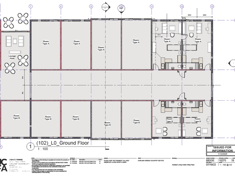 Architectural ground floor plan for the assisted living north wing at Oude Post Retirement Village, detailing room layouts and configurations.