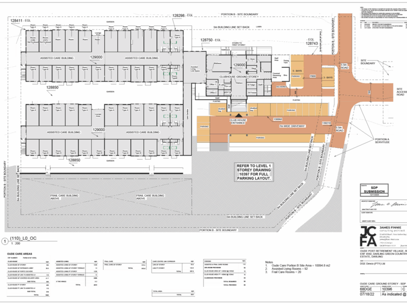 Architectural site plan for the Oude Post Retirement Village, detailing the layout of assisted care buildings, clubhouse, and parking facilities.