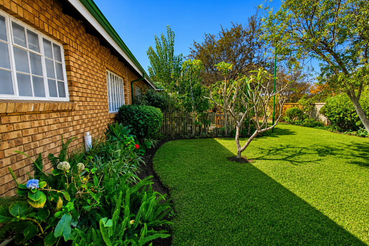 A well-maintained rear garden featuring a lush green lawn, established garden beds, and a brick exterior facade with classic grid-pattern windows.