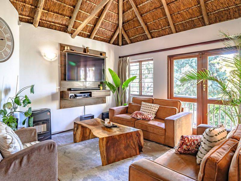 A cozy living room featuring a high vaulted thatched ceiling with exposed timber rafters, built-in media unit, and large glass doors leading outdoors.