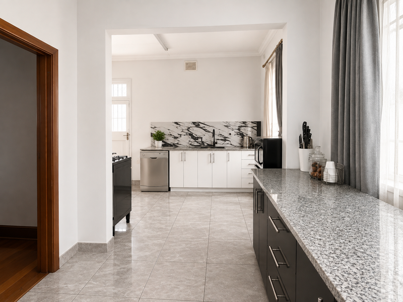 A modern kitchen featuring white cabinetry, marble-look splashback, granite countertops, and tiled flooring, offering a clean and functional workspace.