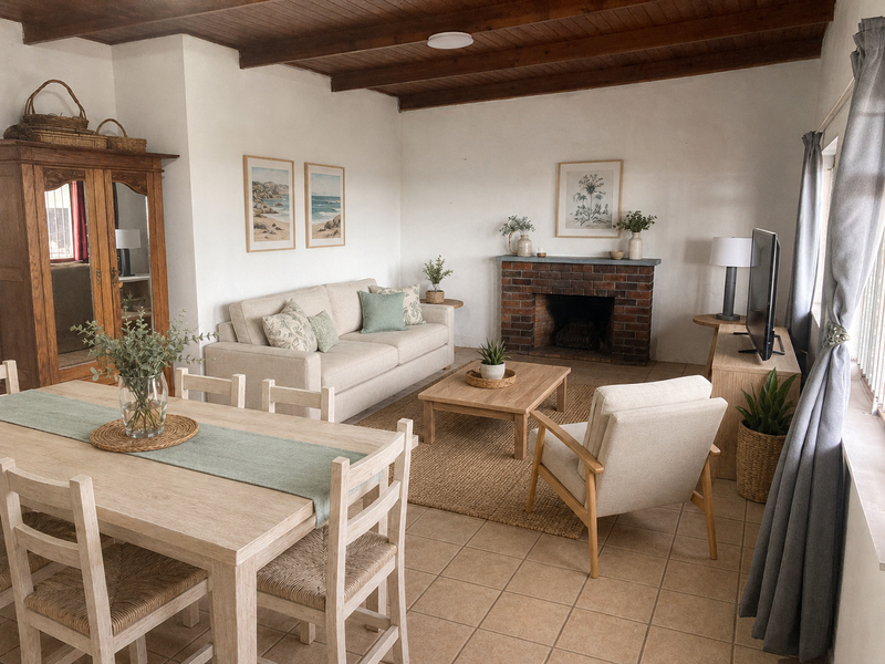 Open-plan living and dining area featuring exposed timber ceiling beams, a classic brick fireplace, and neutral tiled flooring.