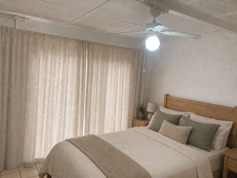 A bedroom featuring tiled flooring, a ceiling fan, and large window curtains, providing a functional space with potential for aesthetic updates.