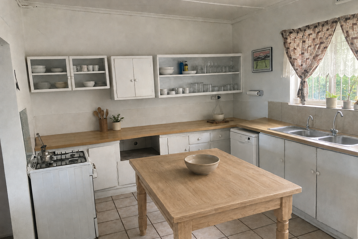 A functional kitchen featuring wooden countertops, open shelving, a gas stove, and a double basin sink with tiled flooring.