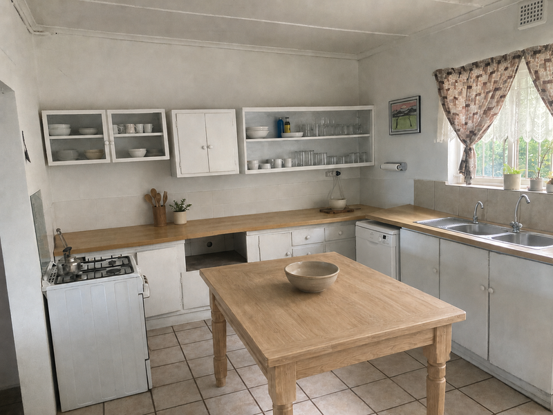 A functional kitchen featuring wooden countertops, open shelving, a gas stove, and a double basin sink with tiled flooring.