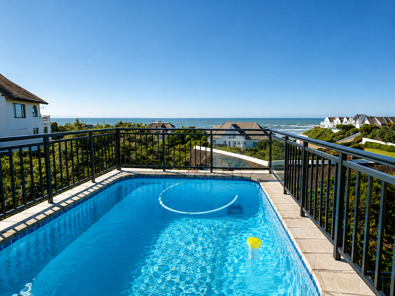 Elevated swimming pool featuring a metal safety balustrade and panoramic ocean views.