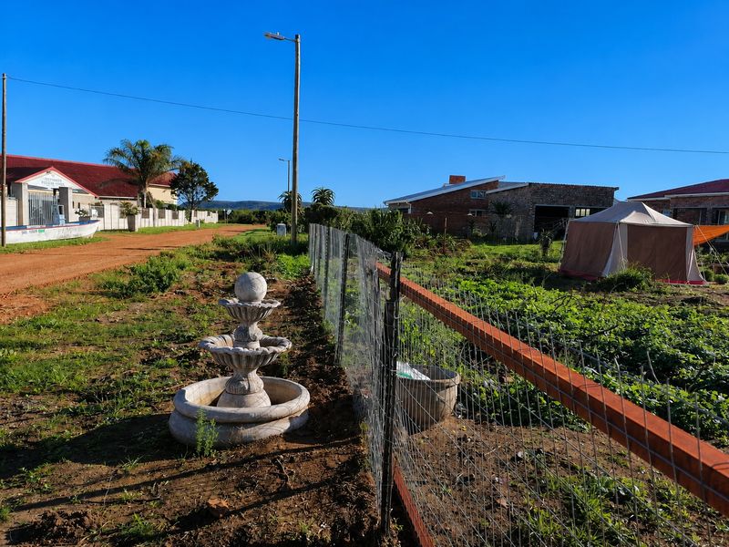 A view of a residential plot featuring a wire mesh fence, a decorative stone fountain, and surrounding neighborhood infrastructure.