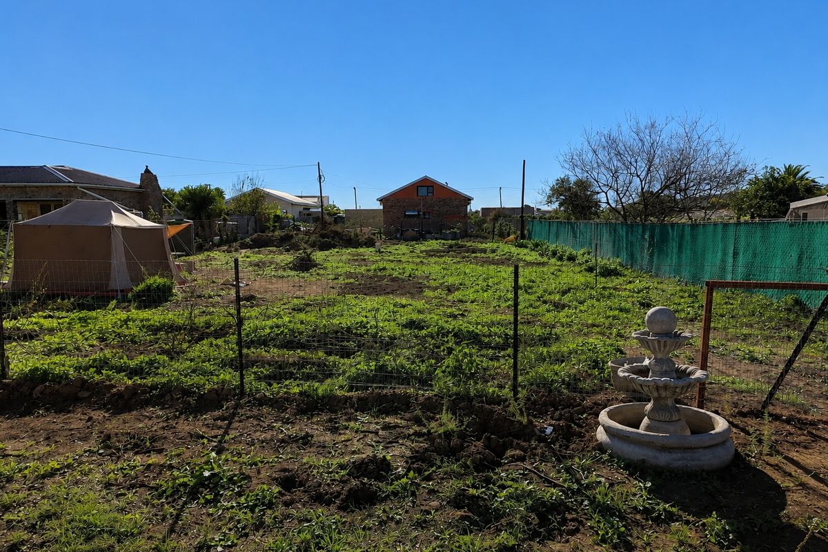 A vacant residential plot featuring a stone fountain, wire perimeter fencing, and natural vegetation, offering potential for landscaping or future development.