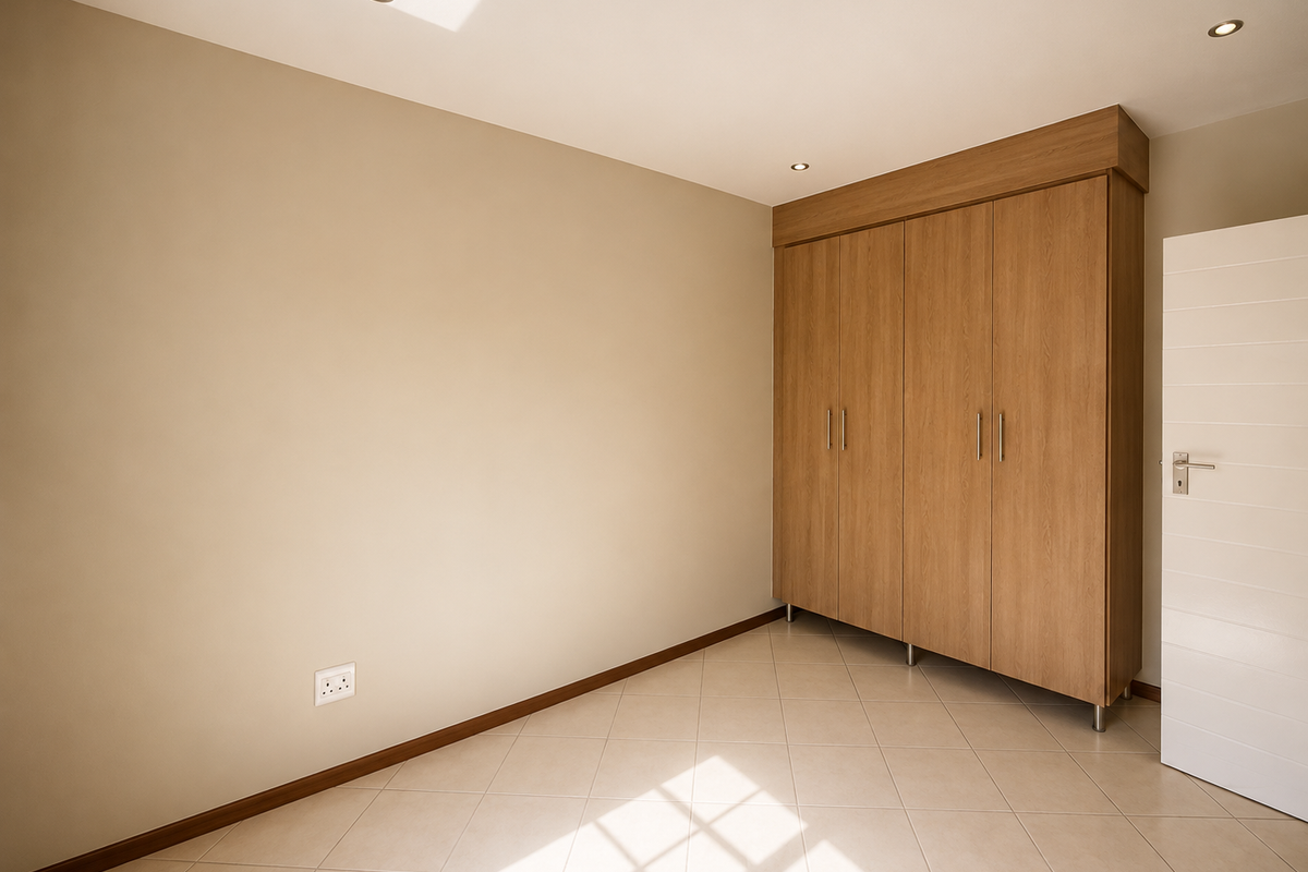 A bright, empty bedroom featuring neutral tiled flooring, recessed downlights, and a large built-in wooden wardrobe.