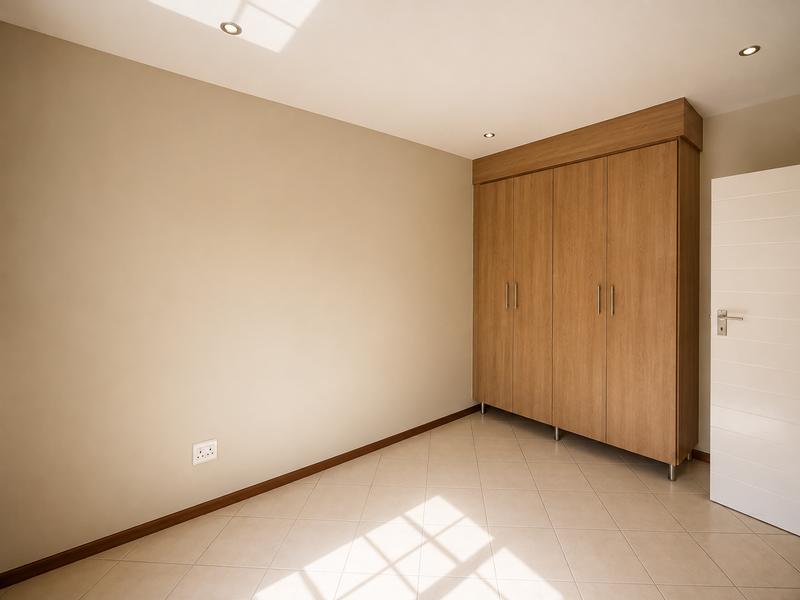 A bright, empty bedroom featuring neutral tiled flooring, recessed downlights, and a large built-in wooden wardrobe.