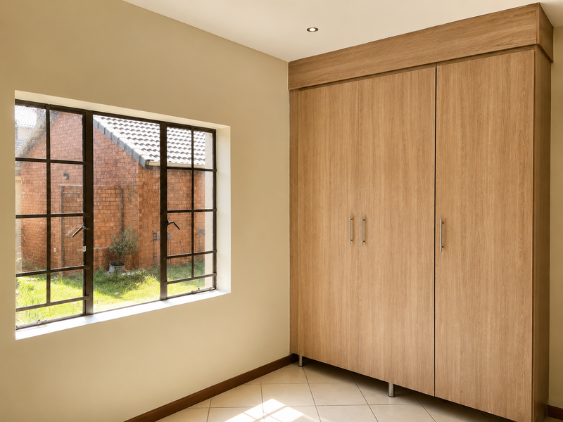 A bright, empty bedroom featuring modern wood-finish built-in cupboards, tiled flooring, and a large window overlooking the exterior garden area.
