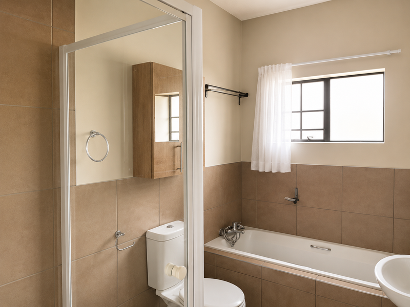 A clean, neutral-toned bathroom featuring a bathtub, toilet, and wall-mounted storage cabinet with tiled wall finishes.