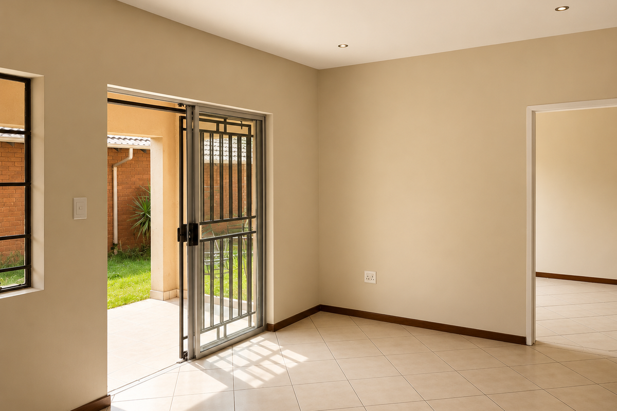 A bright, empty living area featuring neutral tiled floors, recessed lighting, and a sliding security gate providing direct access to an outdoor patio.