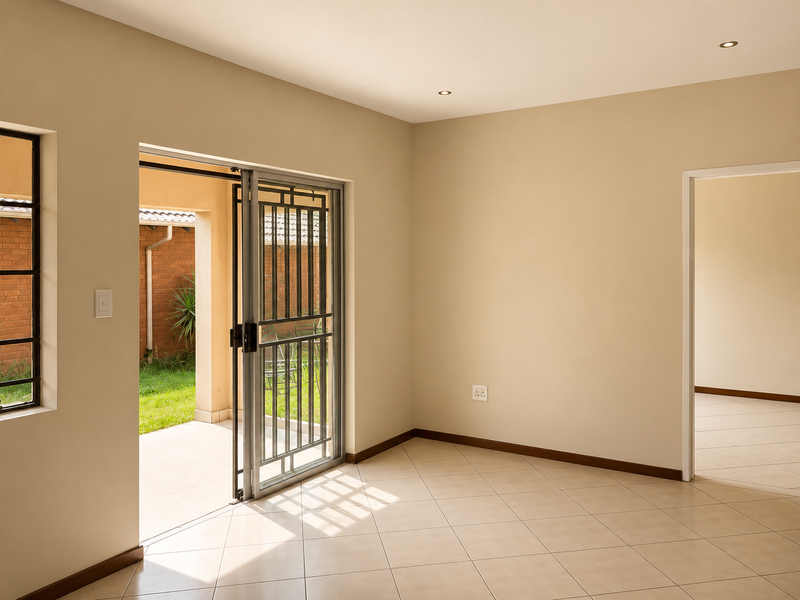A bright, empty living area featuring neutral tiled floors, recessed lighting, and a sliding security gate providing direct access to an outdoor patio.
