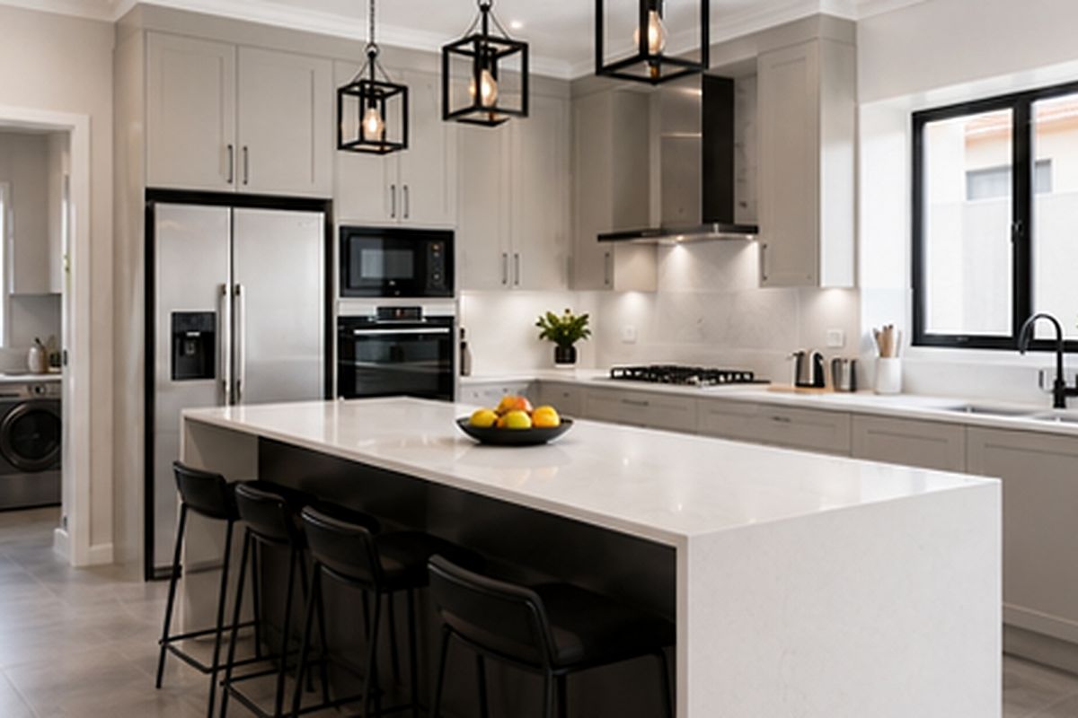 Modern kitchen featuring a large central island with quartz countertops, shaker cabinetry, integrated appliances, and stylish pendant lighting, with an adjacent laundry area.