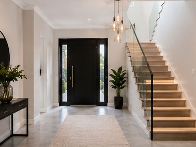 Modern entrance foyer featuring a timber staircase with glass balustrade, sleek tiled flooring, and a striking black double front door.
