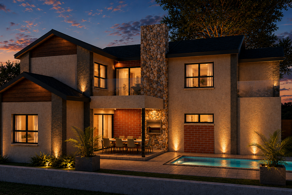 A beautifully illuminated rear exterior view featuring a modern two-story home with a stone chimney, covered patio, built-in braai, and a swimming pool.