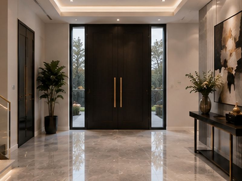 Elegant grand entrance foyer featuring polished marble flooring, a modern glass staircase, and sophisticated double doors with integrated side panels.