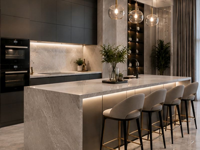 A high-end modern kitchen featuring a large marble island, integrated appliances, sleek dark cabinetry, and sophisticated under-cabinet lighting.