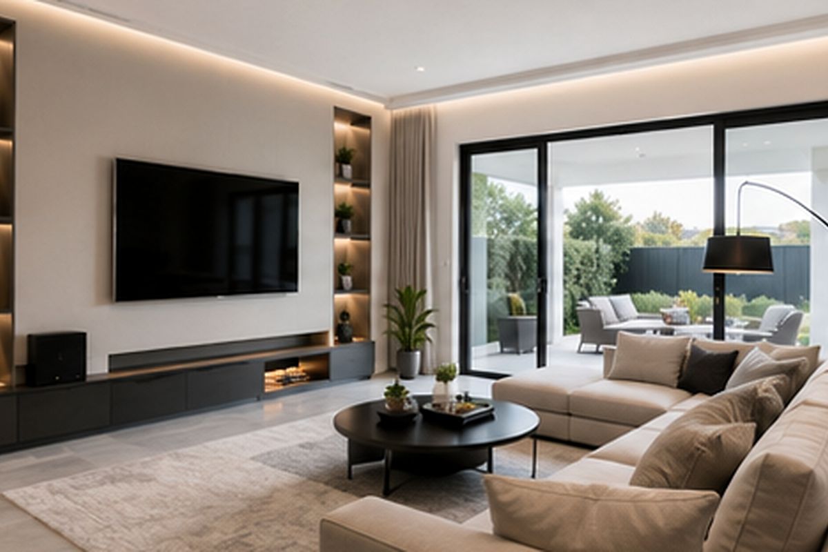 Modern living room featuring custom built-in cabinetry with integrated lighting, large sliding glass doors opening to a patio, and high-quality tiled flooring.