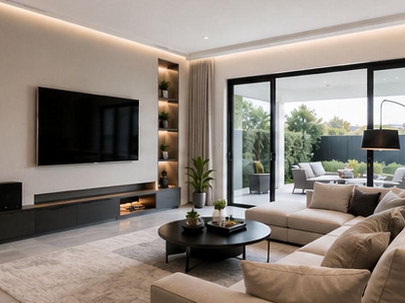 Modern living room featuring custom built-in cabinetry with integrated lighting, large sliding glass doors opening to a patio, and high-quality tiled flooring.
