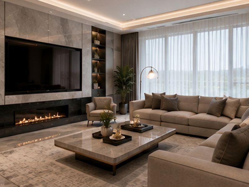Luxurious living room featuring a modern stone fireplace, built-in shelving, recessed lighting, and expansive windows providing ample natural light.