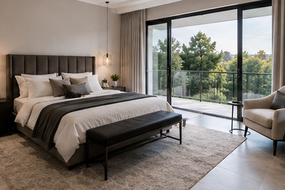 Spacious bedroom featuring modern tiled flooring, elegant pendant lighting, and large sliding glass doors opening onto a private balcony with scenic views.