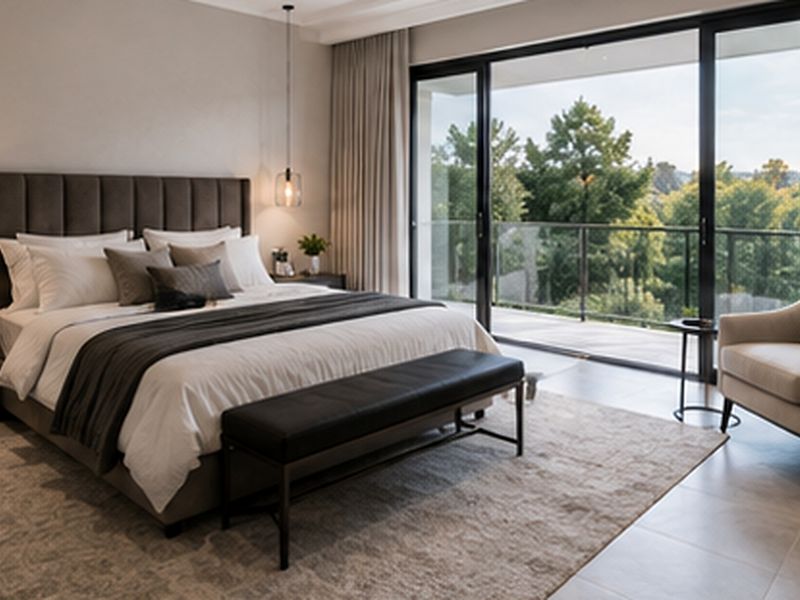 Spacious bedroom featuring modern tiled flooring, elegant pendant lighting, and large sliding glass doors opening onto a private balcony with scenic views.