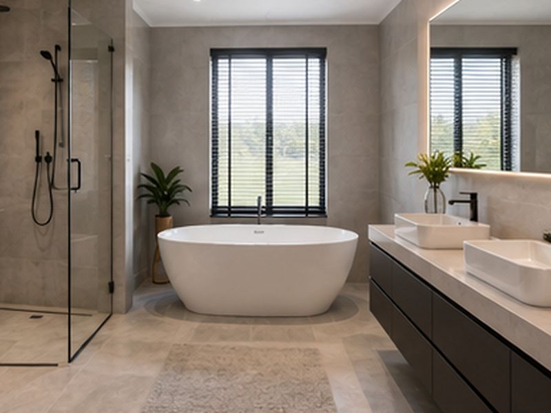 Modern, high-end bathroom featuring a sleek freestanding bathtub, spacious walk-in shower, and a contemporary double vanity with integrated lighting.