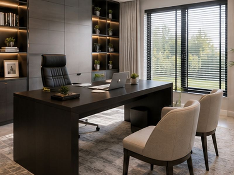 A sophisticated home office featuring custom built-in shelving with integrated lighting, large format floor tiles, and expansive windows with venetian blinds.